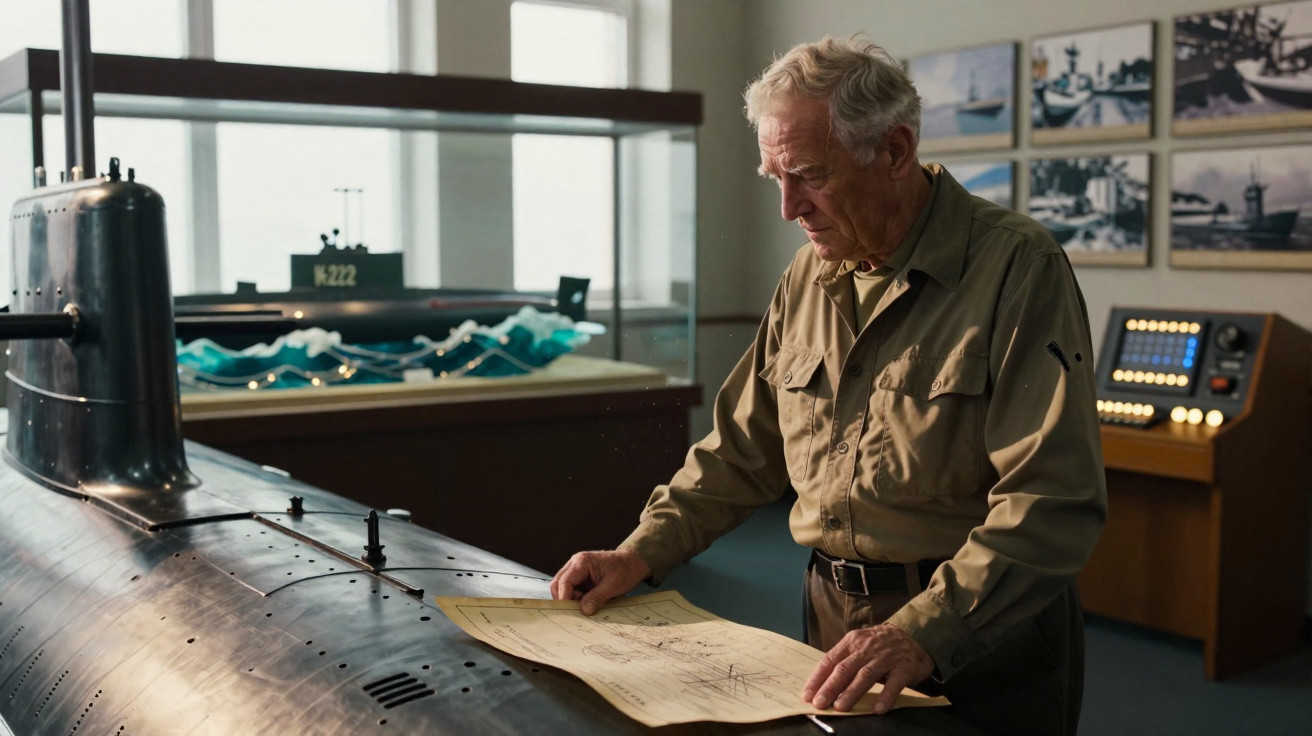 Homem idoso analisa planta técnica ao lado de modelo de submarino em museu ou sala de exposições.