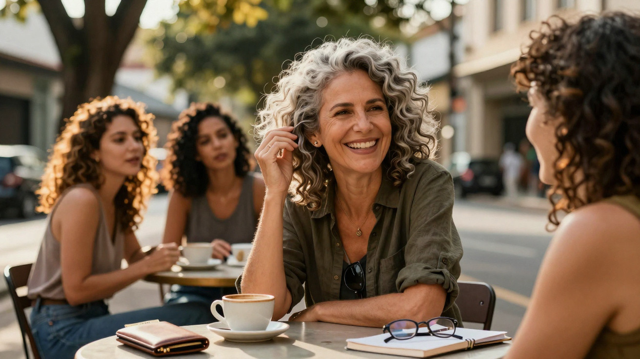 Mulheres conversando e sorrindo em mesa de café ao ar livre em dia ensolarado na cidade.