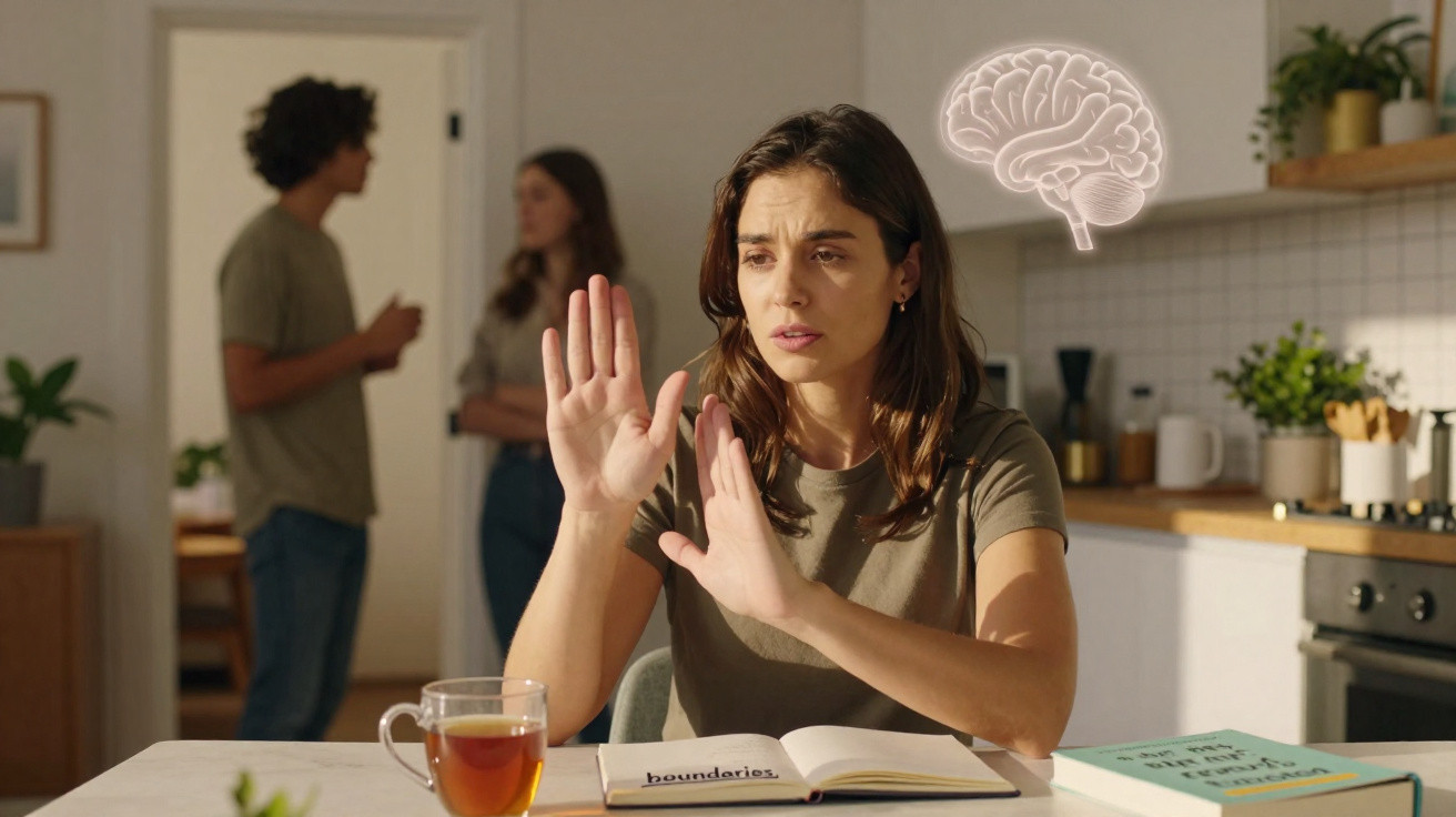 Mulher gesticula para afastar pensamentos enquanto casal discute ao fundo em ambiente doméstico.