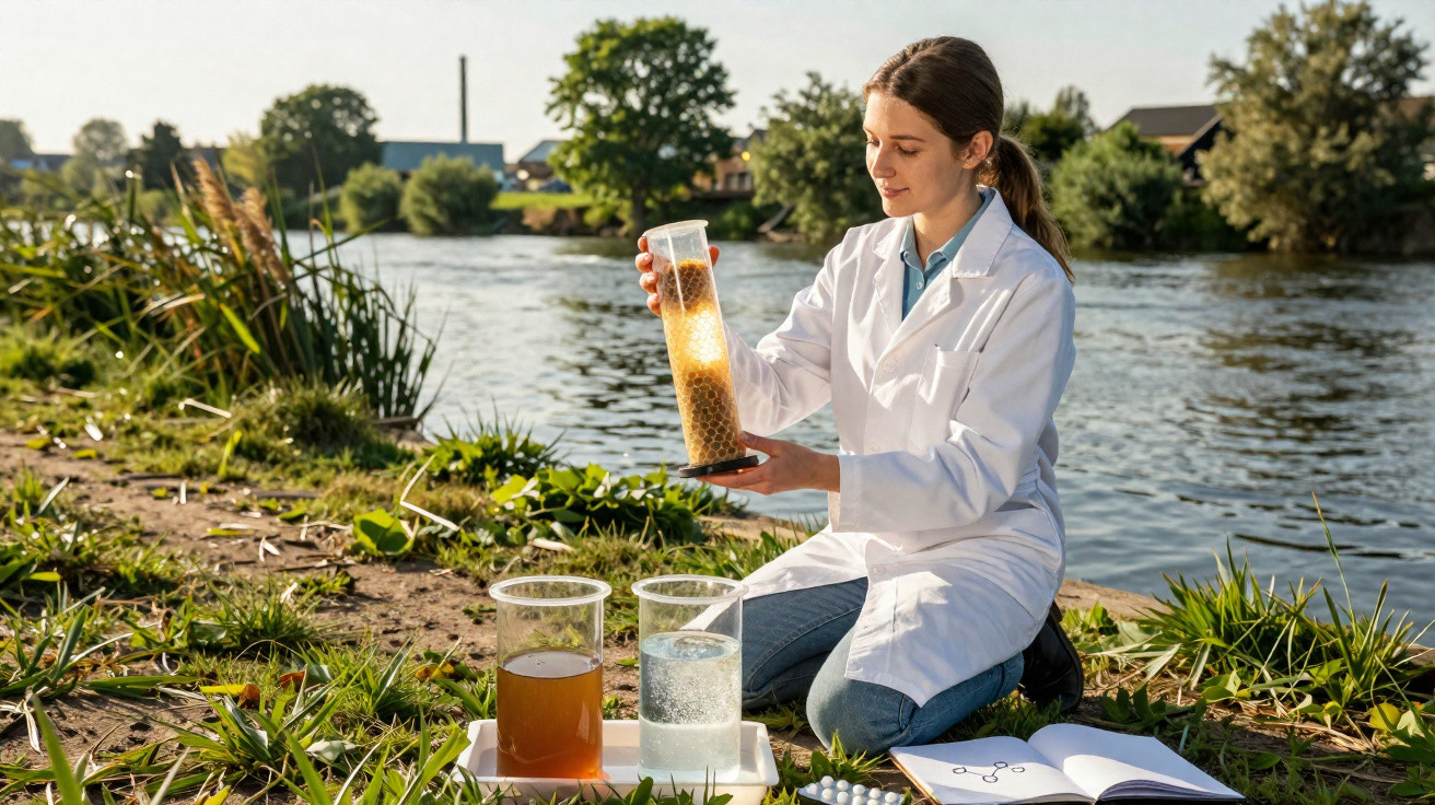 Mulher cientista analisa amostra de água em cilindro próximo a rio em área verde ensolarada.