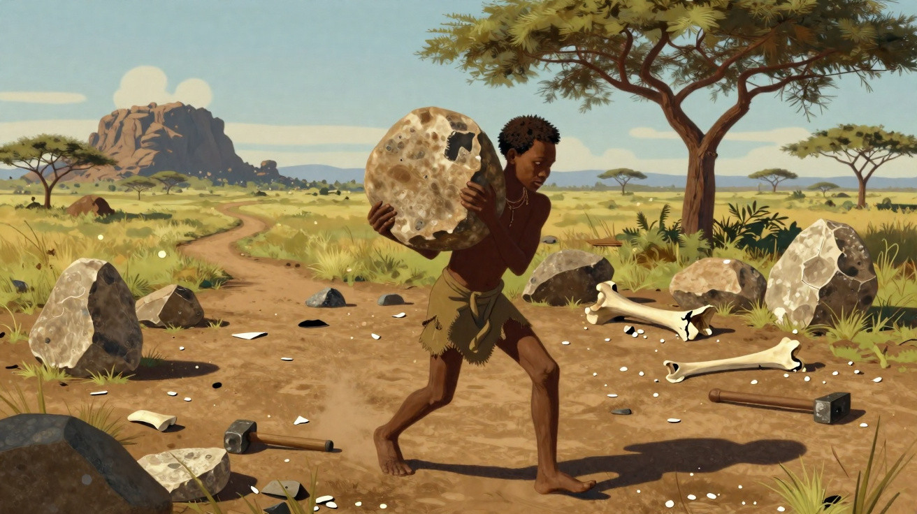 Homem pré-histórico carregando pedra grande em cenário de savana com árvores, ossos e ferramentas de pedra.
