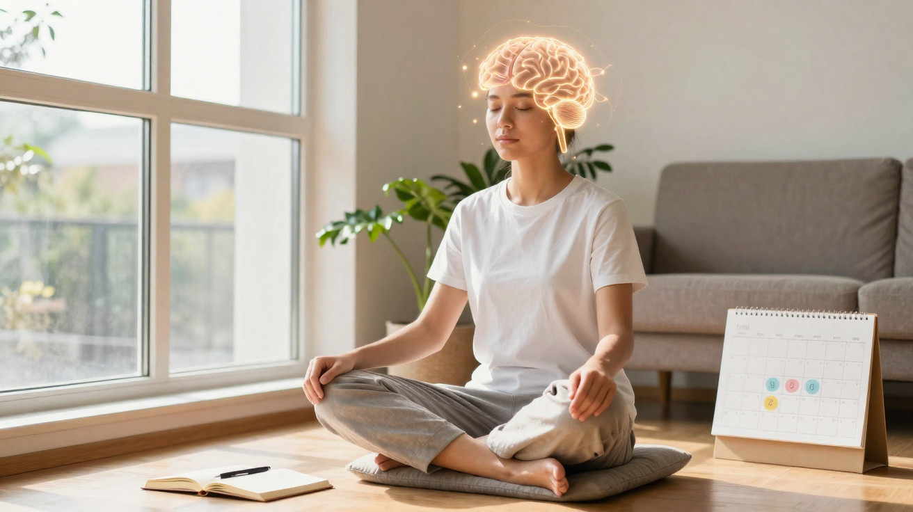Jovem meditando em posição de lótus com imagem digital de cérebro brilhante acima da cabeça.