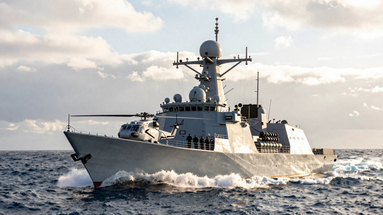 Navio de guerra cinza navegando em mar agitado sob céu nublado ao entardecer.