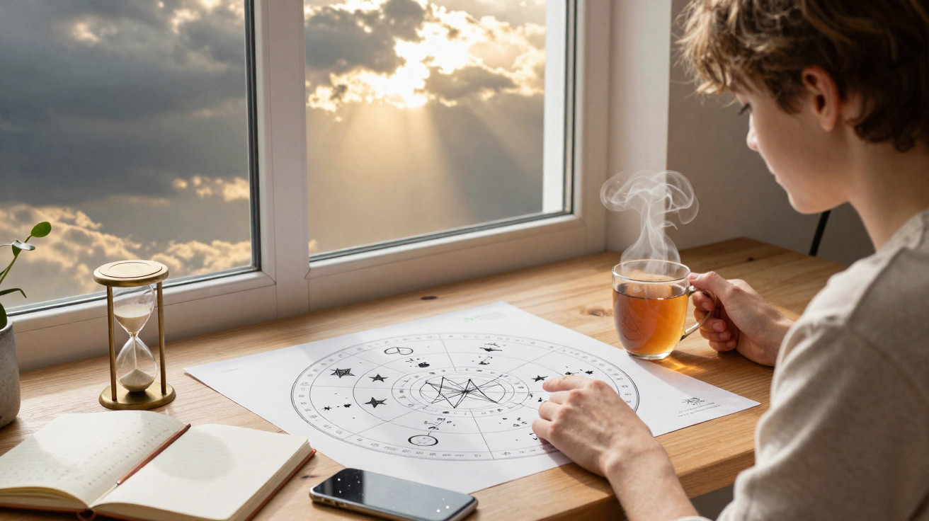 Pessoa segurando xícara de chá olhando mapa astral em mesa com livro, ampulheta e celular perto da janela.