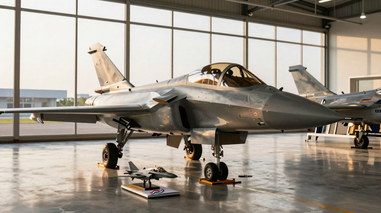 Caça militar cinza estacionado em hangar com modelo em miniatura no chão à frente.
