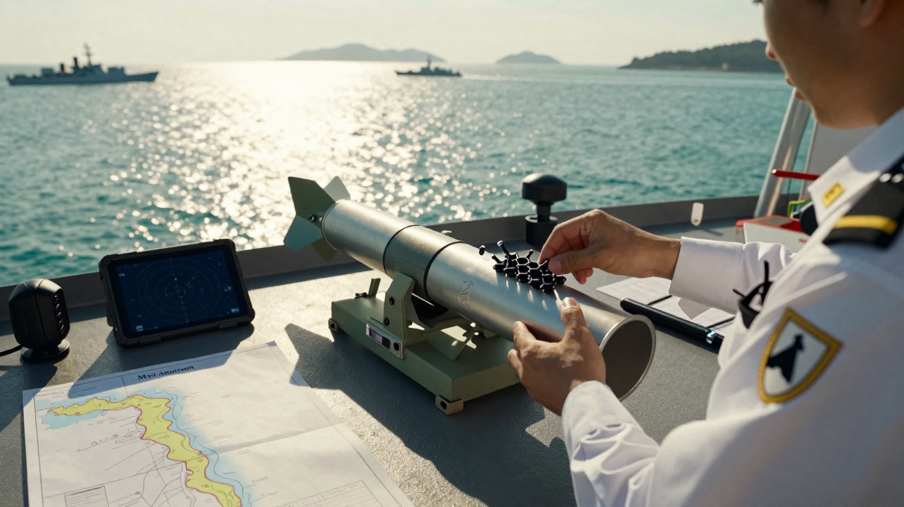 Militar naval manuseando equipamento técnico a bordo de navio, com mapa e radar ao fundo no mar.