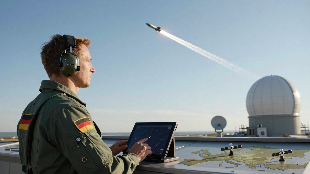 Homem com fone controlando lançamento de míssil com tablet, radar e satélites em instalação militar ao ar livre.