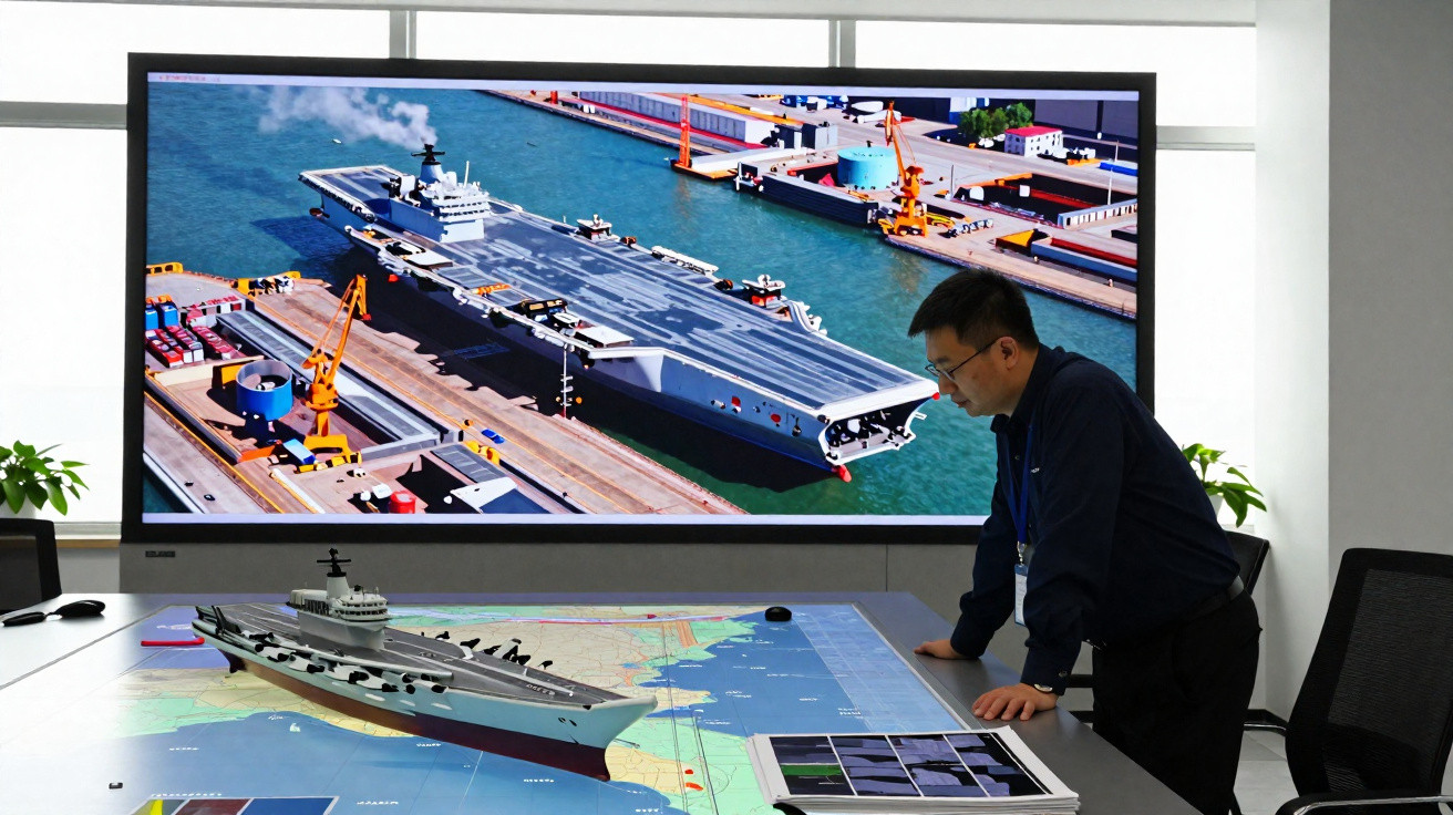 Homem analisa maquete de porta-aviões sobre mapa, com imagem do navio em porto exibida em tela grande.