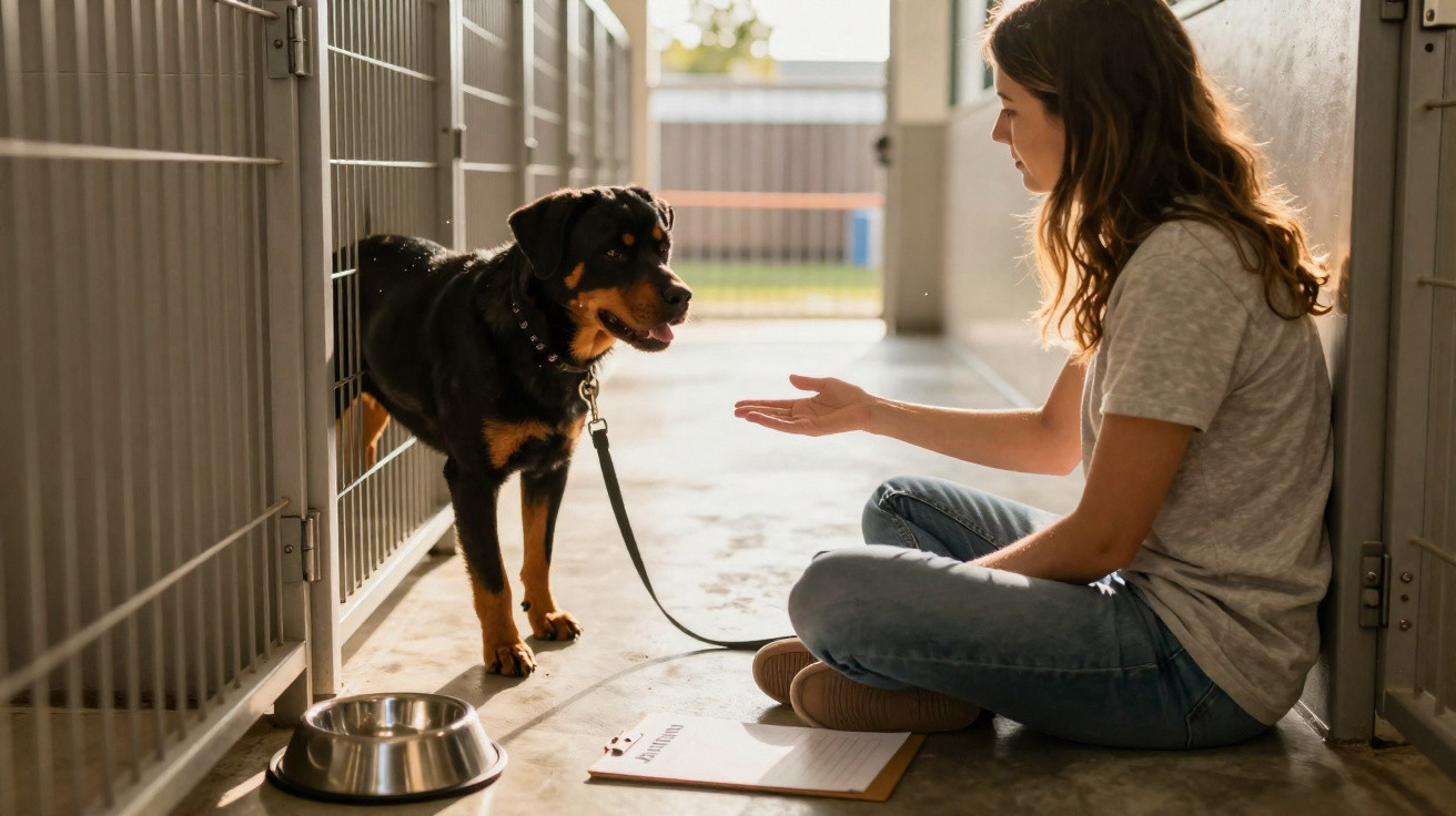 Mulher sentada no chão interage com cachorro da raça Rottweiler em abrigo com portas de aço.