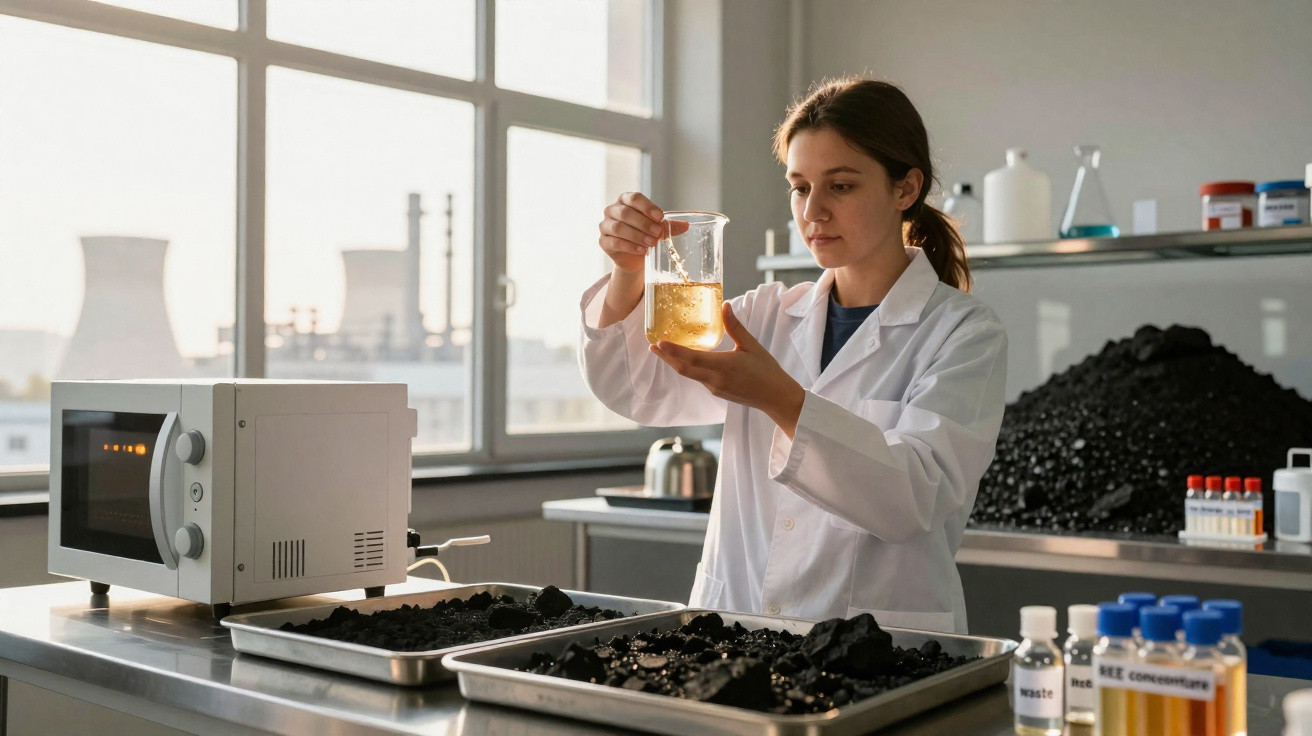 Mulher cientista examina líquido amarelo em béquer em laboratório com carvão e equipamentos científicos.