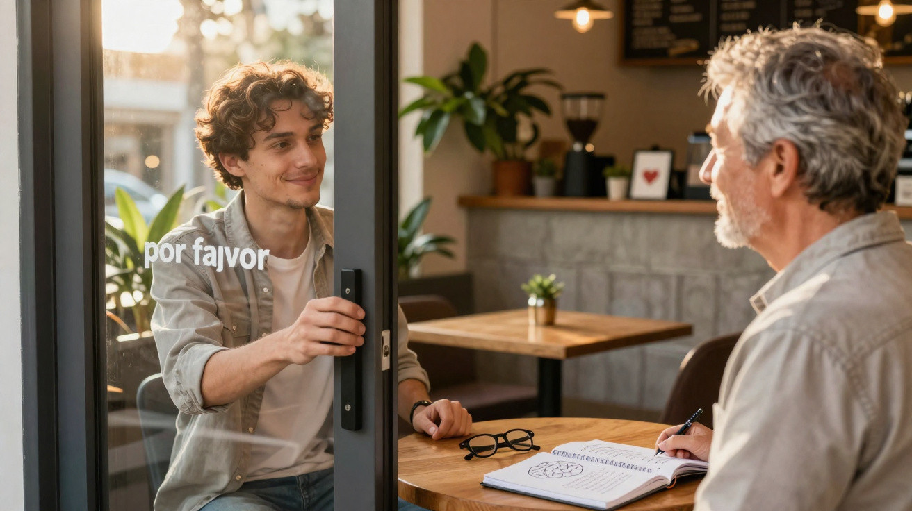 Homem jovem abrindo porta para homem mais velho escrevendo em caderno dentro de café.