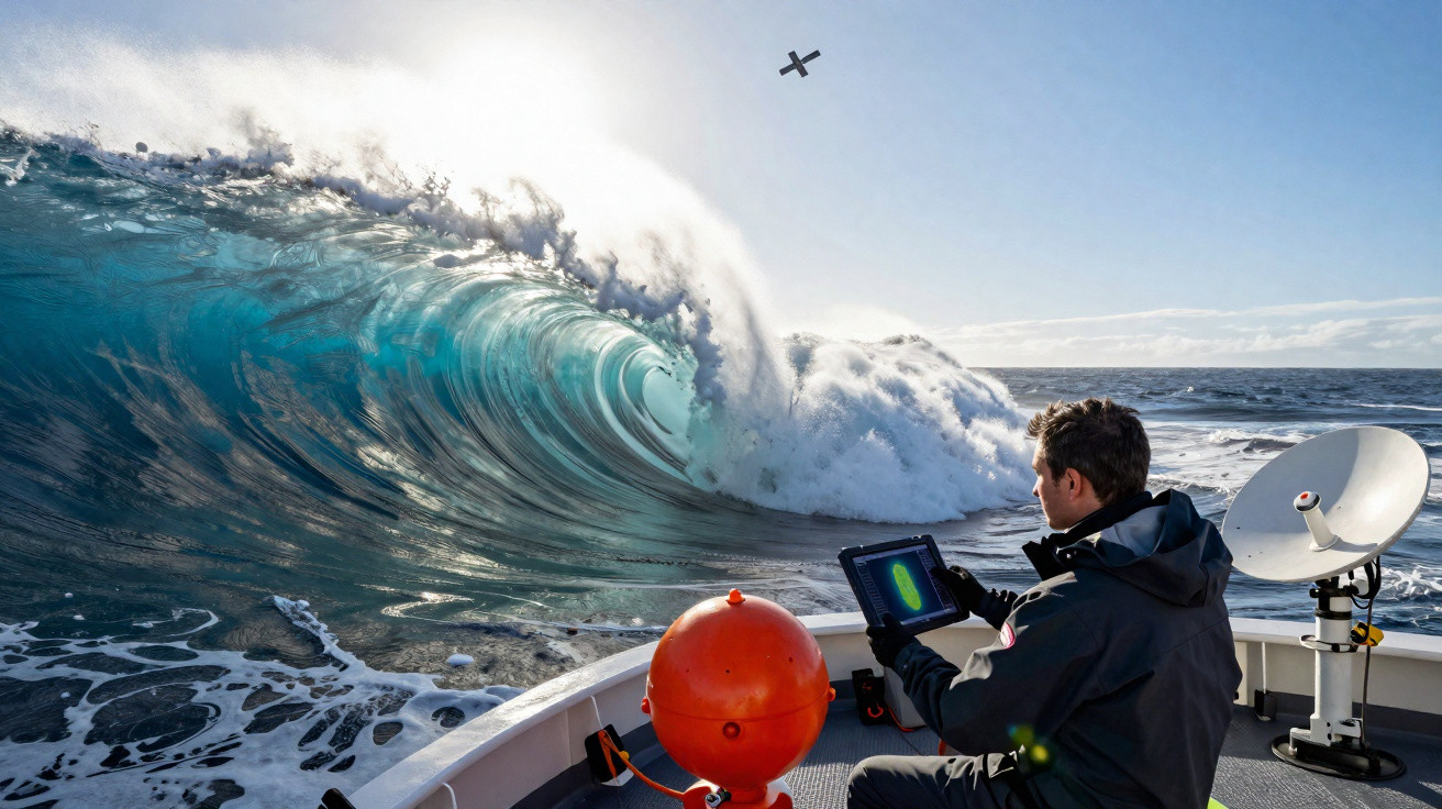 Homem em barco monitorando ondas grandes perto do mar com equipamento tecnológico sob céu claro.
