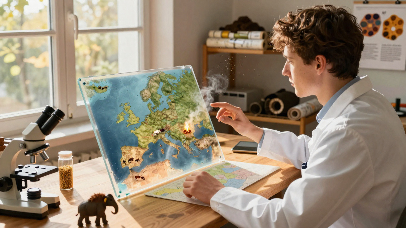 Jovem cientista observa mapa holográfico da Europa com incêndio e animais em laboratório iluminado pela janela.
