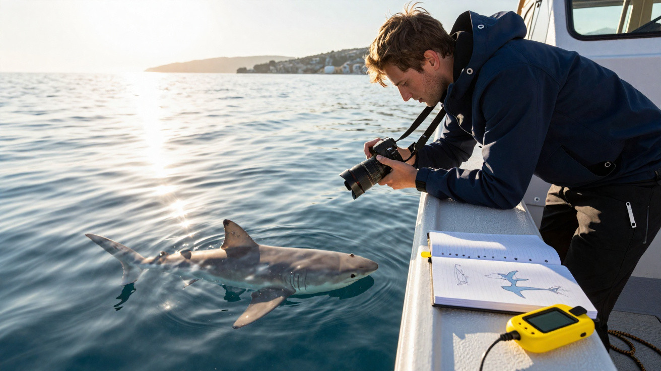 Homem em barco fotografa tubarão que nada próximo à superfície do mar durante o dia.