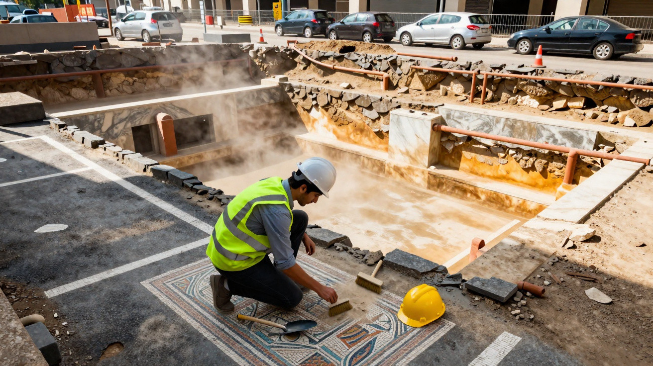 Arqueólogo com colete e capacete limpando mosaico romano perto de escavação arqueológica a céu aberto.