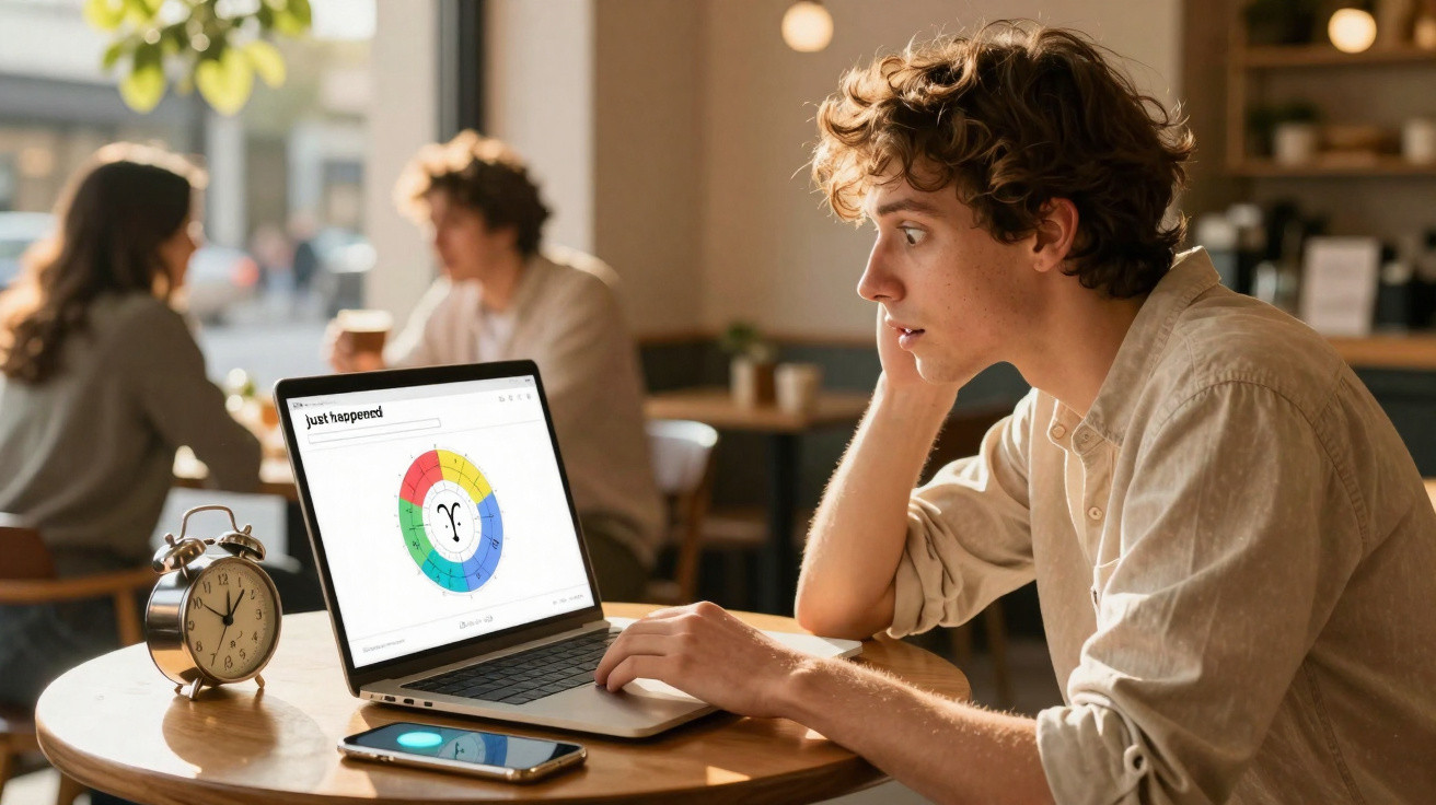 Jovem analisando gráfico colorido em laptop dentro de cafeteria, com relógio e celular na mesa.