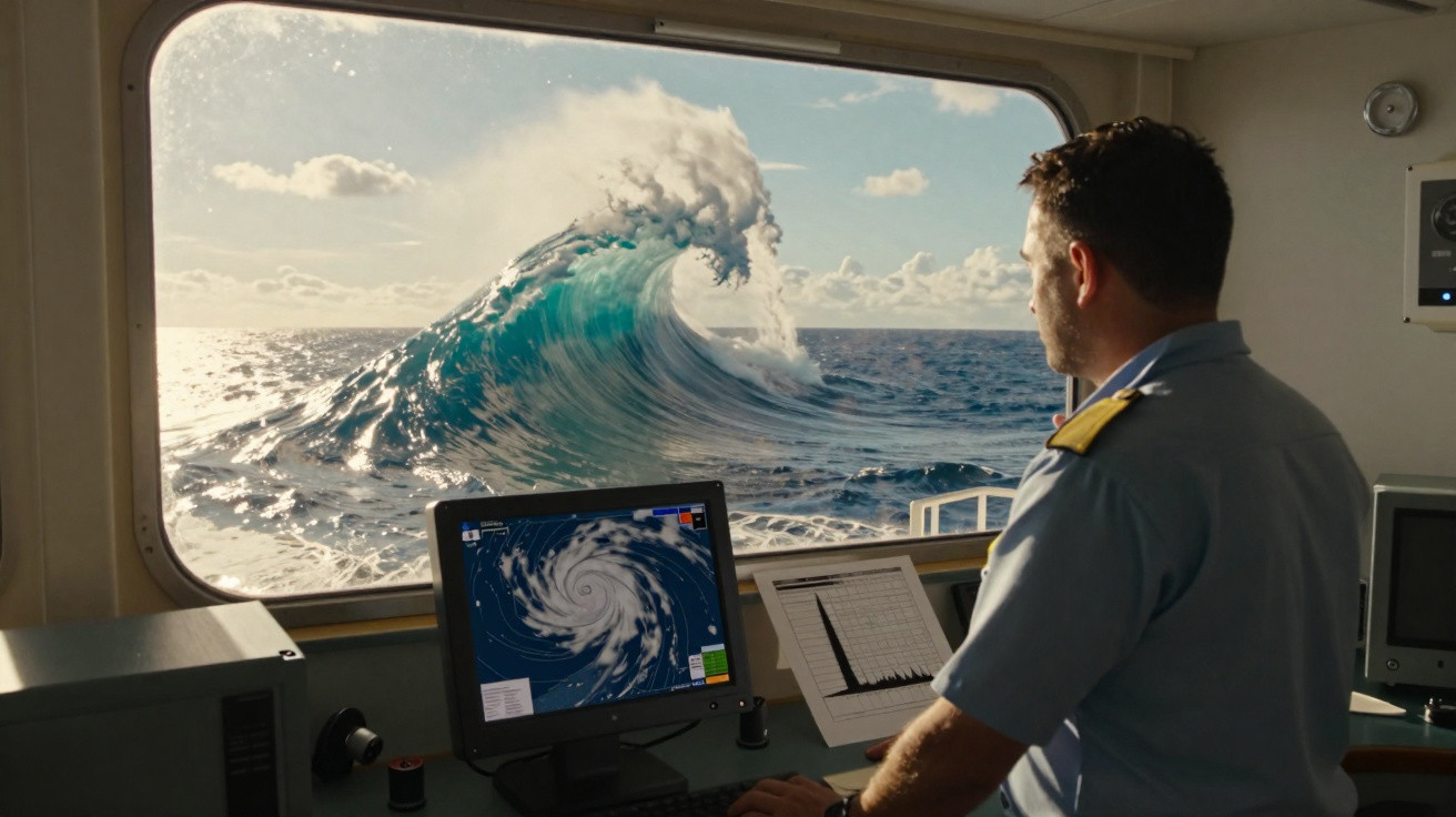 Homem observa grande onda no mar através da janela de um navio, com monitores de radar e instrumentos à sua frente.