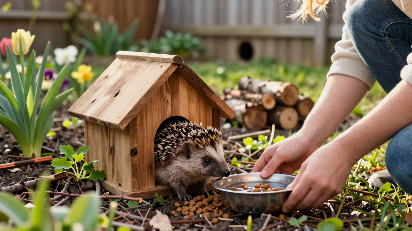 Porco-espinho saindo de casinha de madeira enquanto pessoa oferece comida em tigela no jardim.