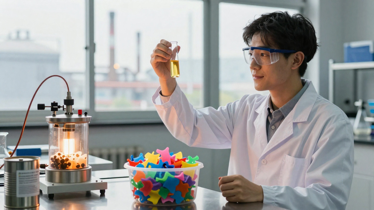 Cientista com jaleco e óculos segurando tubo de ensaio com líquido amarelo em laboratório moderno.