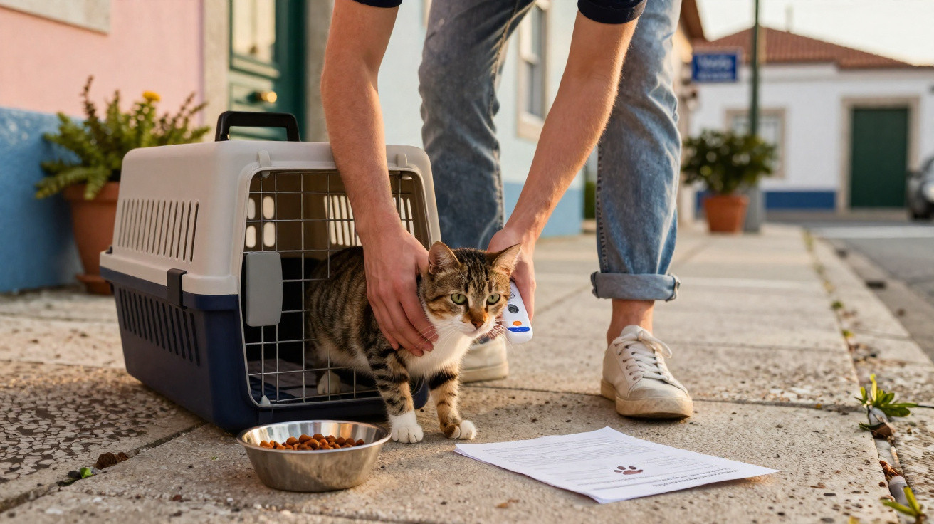 Pessoa soltando gato de caixa de transporte na calçada com pote de ração e papel ao lado.