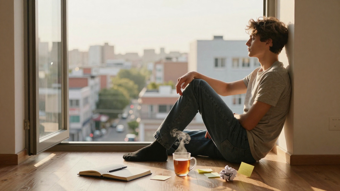 Jovem sentado no chão junto a uma janela, com café quente, caderno e papéis espalhados ao redor.