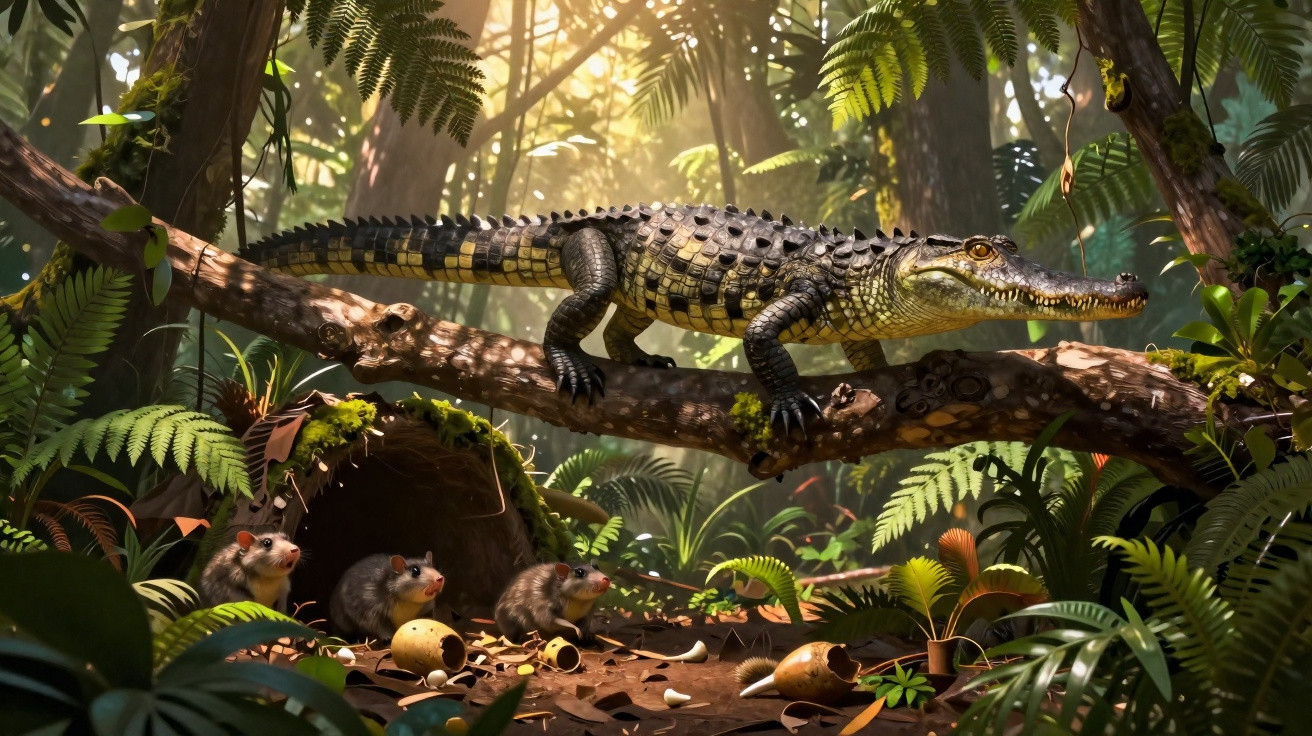 Jacaré em galho baixo de floresta observa três pequenos roedores próximos a ninho no chão coberto por folhas.