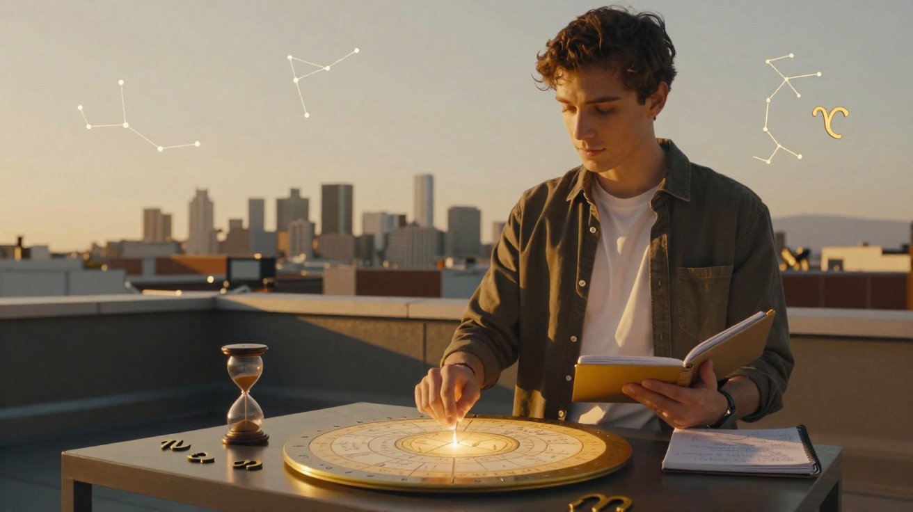Jovem lendo livro e usando tablatura astrológica em mesa ao pôr do sol com cidade ao fundo.