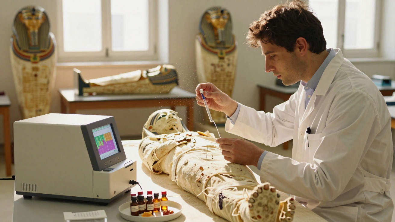 Homem em jaleco analisando múmia egípcia em laboratório com equipamentos científicos ao redor.