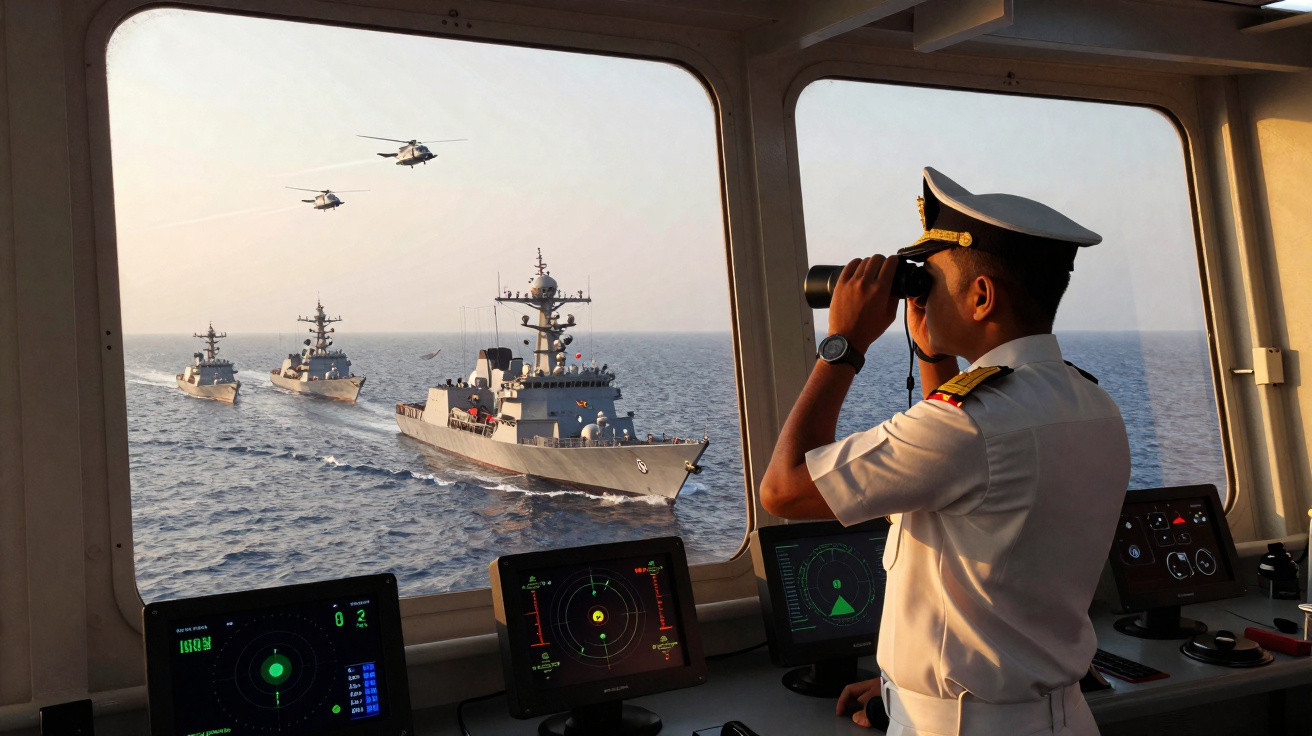 Oficial da marinha observa pelo binóculo navios e helicópteros militares no mar durante o dia.