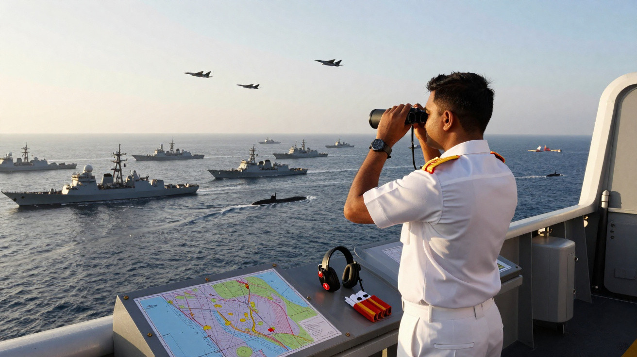 Oficial naval observa via binóculos mar aberto com frota de navios e jatos em formação no céu ao fundo.