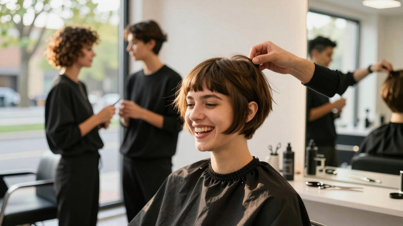 Mulher sorridente recebendo corte de cabelo em salão moderno com duas pessoas conversando ao fundo.