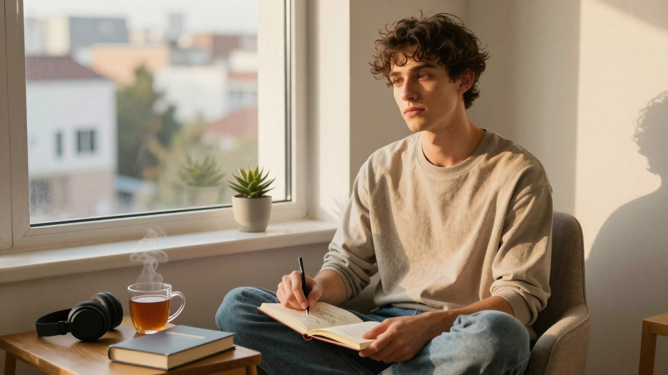Jovem sentado à janela escrevendo em um caderno com chá e fones de ouvido sobre a mesa.