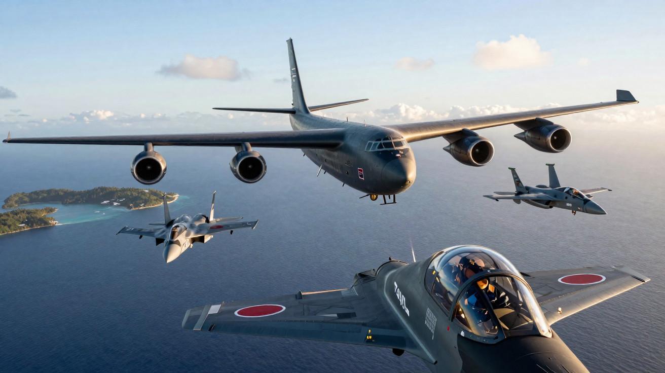 Formação aérea com um bombardeiro e três caças voando sobre o oceano próximo a ilhas.