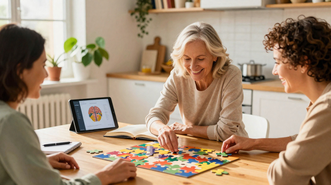 Três mulheres montando um quebra-cabeça colorido em uma mesa, com tablet mostrando imagem de cérebro ao fundo.