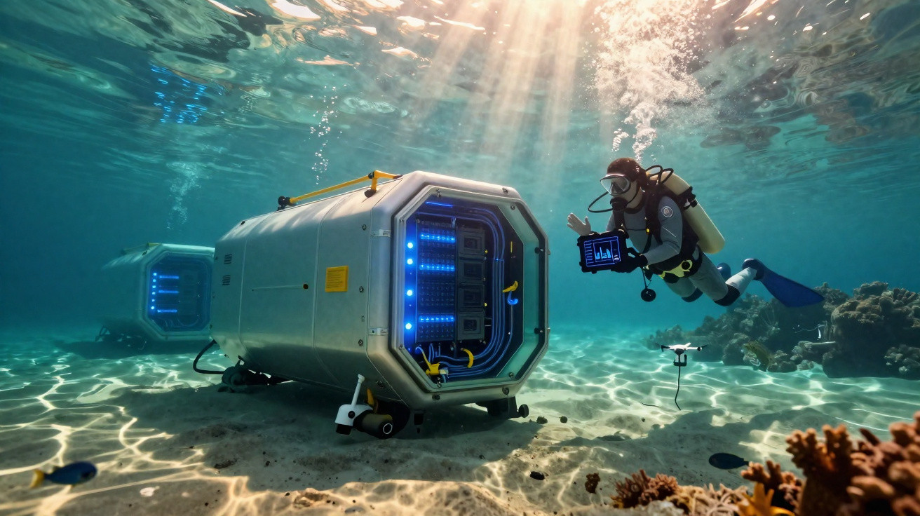 Mergulhador com tablet perto de equipamento tecnológico submerso em fundo do mar iluminado pelo sol.