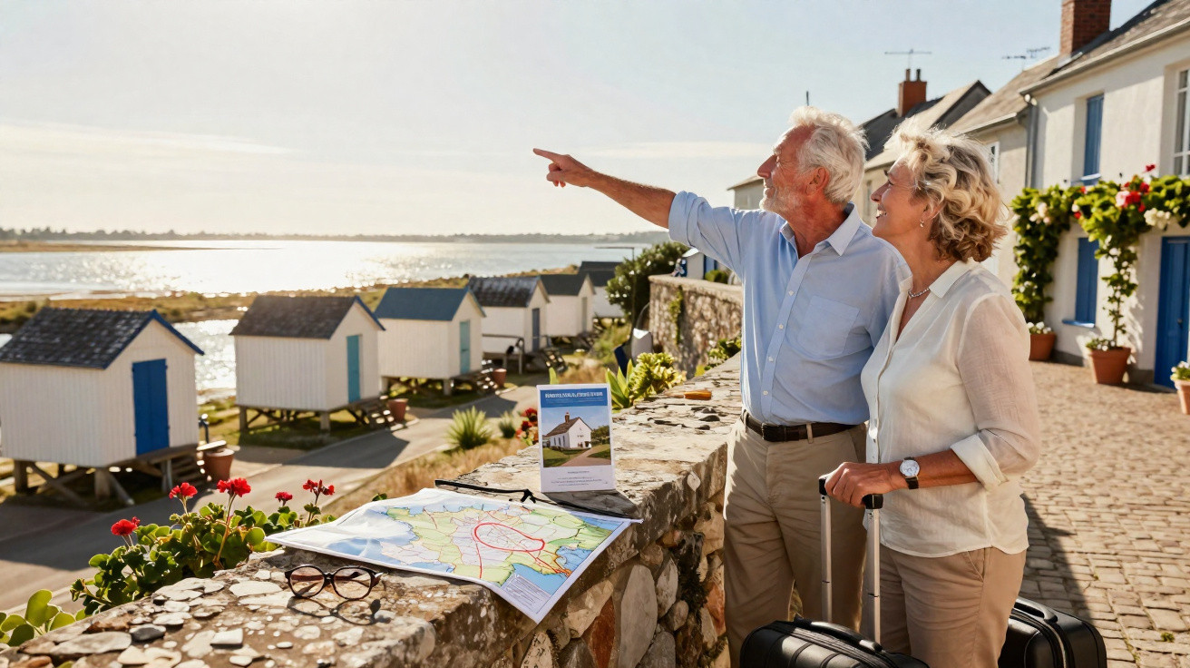 Casal de idosos de férias olhando para o mar em vila com chalés e mapa sobre muro de pedra.