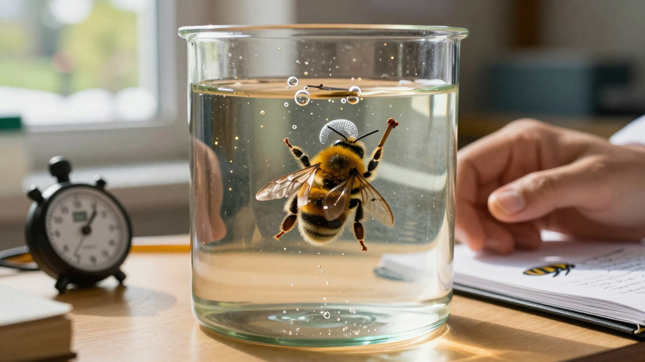 Abelha submersa em copo transparente com gota de água na superfície, ao lado de livro, cronômetro e mão.