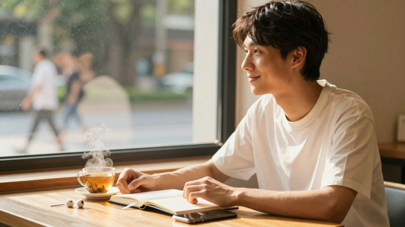Jovem sorridente sentado à mesa de café, lendo livro, com chá quente e celular ao lado, olhando pela janela.
