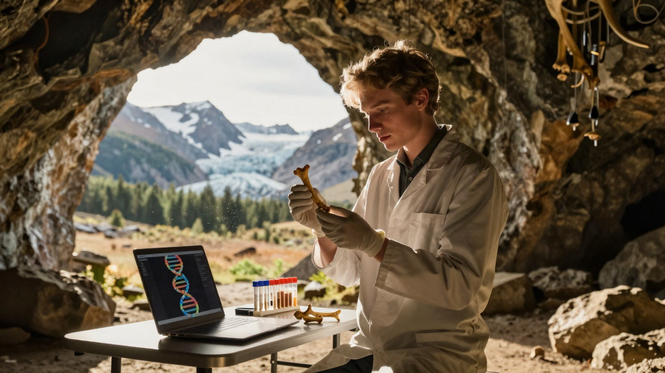 Jovem cientista em laboratório improvisado dentro de caverna, analisando osso com laptop e tubos de ensaio.