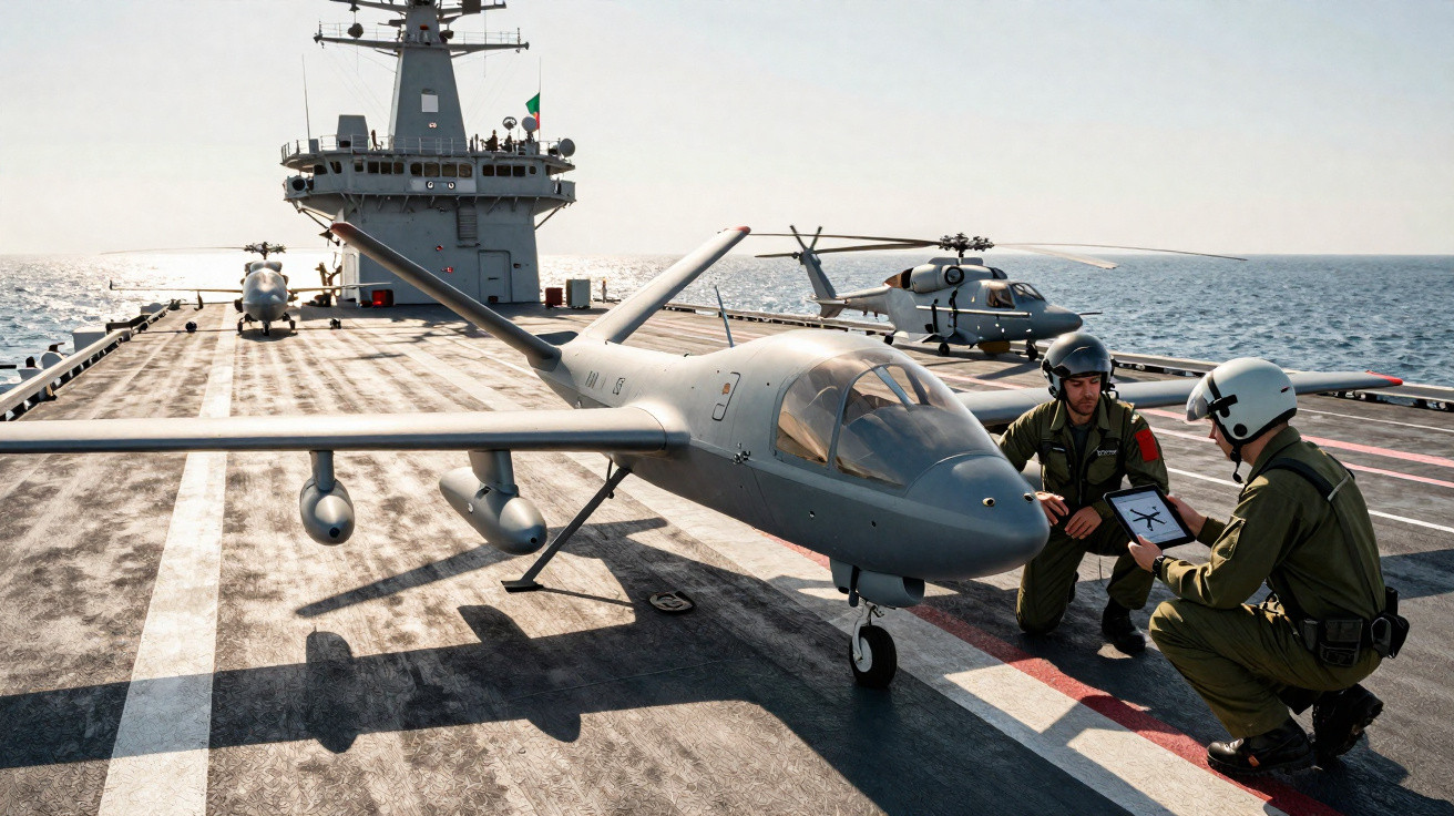 Navio militar com drone e helicóptero na plataforma, dois soldados em uniforme e capacete conferem tablet.