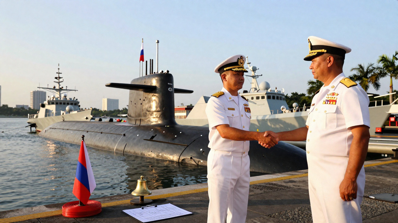 Dois oficiais navais em uniforme branco apertando as mãos no cais, com submarino e navios ao fundo.