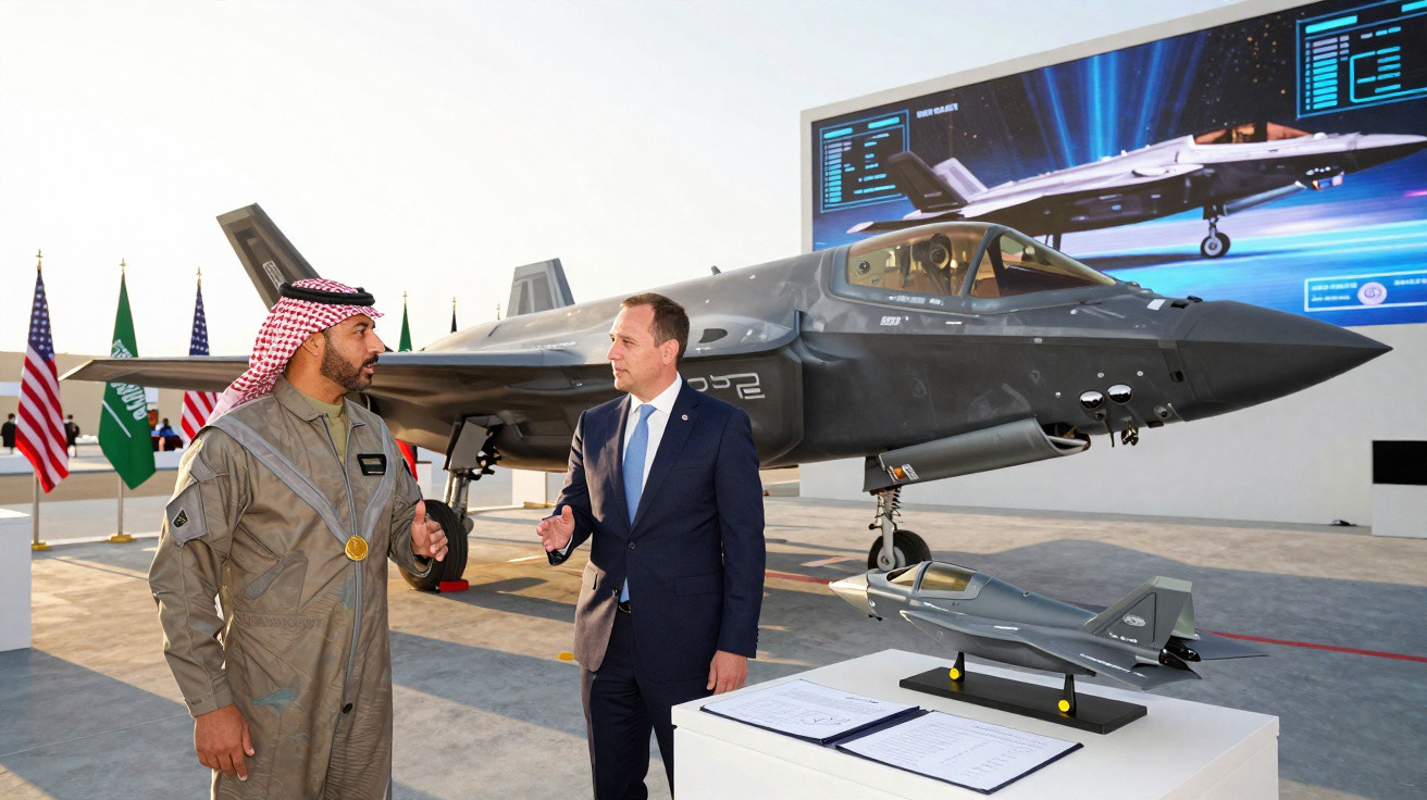 Dois homens conversam em exposição com caça militar e maquete, bandeiras dos EUA e Arábia Saudita ao fundo.