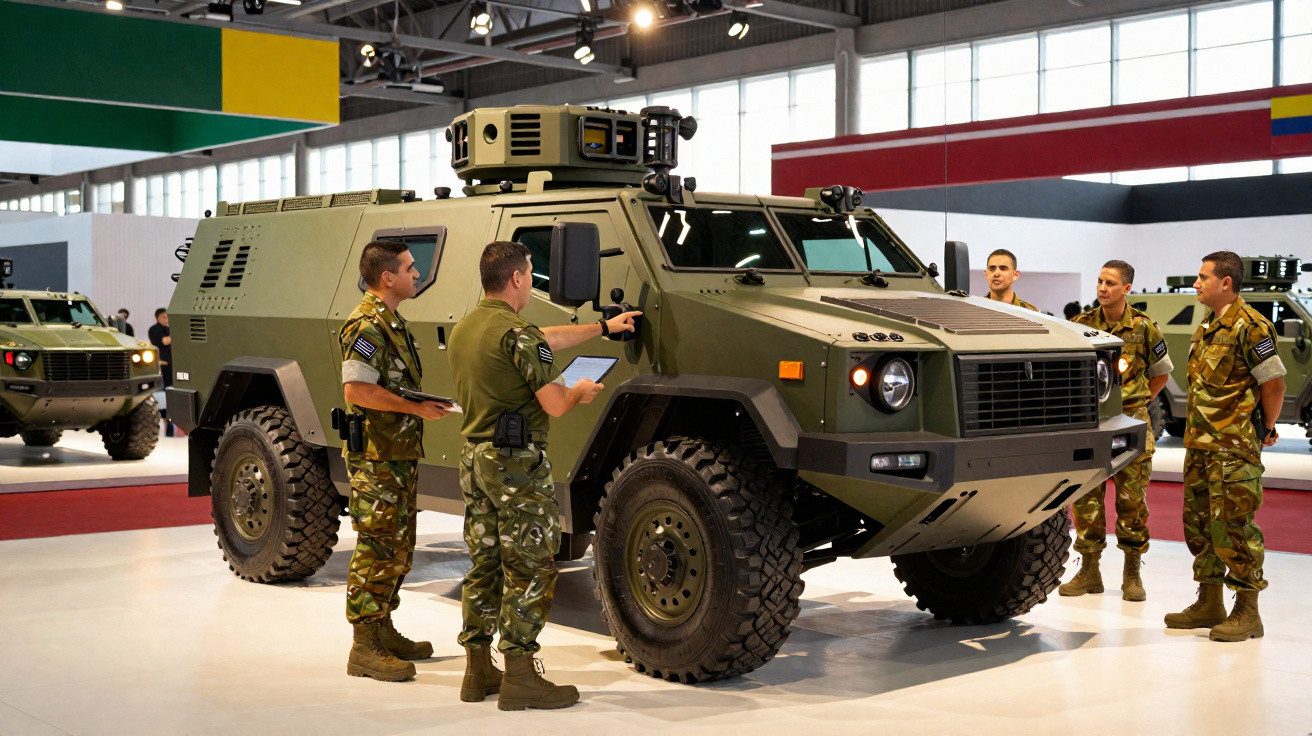 Soldados em uniforme verde observam veículo militar blindado verde em exposição interna.