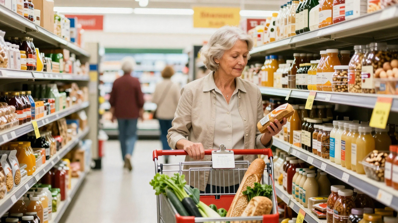 Mulher idosa faz compras no supermercado, segurando produto e empurrando carrinho cheio de alimentos.