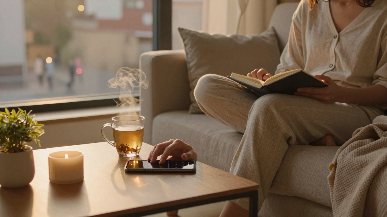 Pessoa sentada no sofá lendo livro, com chá quente, vela acesa e planta sobre a mesa de centro.