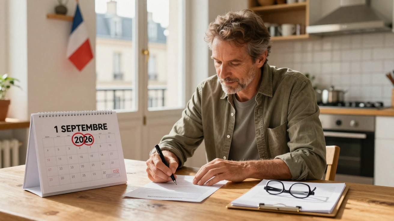 Homem sentado à mesa escrevendo, com calendário marcando 1° de setembro de 2026 em destaque.