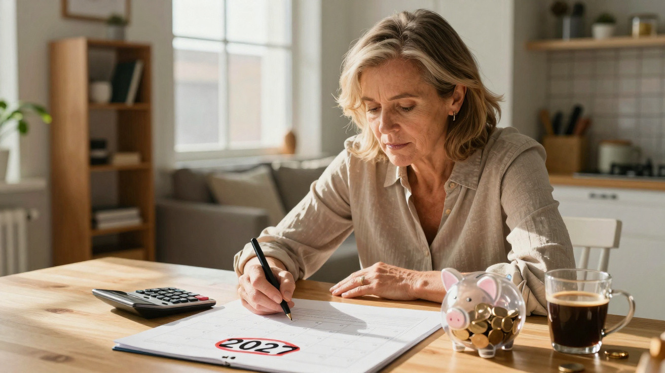 Mulher madura planejando finanças com calendário, cofrinho de porco, calculadora e café à mesa.