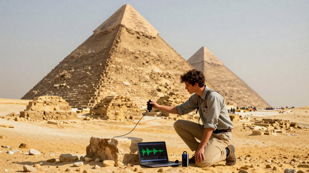 Jovem pesquisador coleta dados com equipamento eletrônico perto das pirâmides de Gizé no Egito.