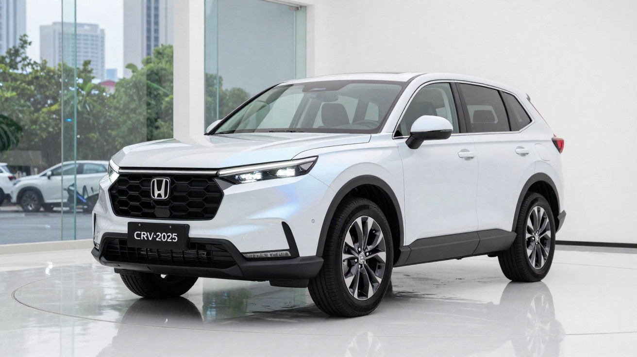 Carro SUV branco Honda CR-V 2025 em showroom com vidro ao fundo e piso branco brilhante.