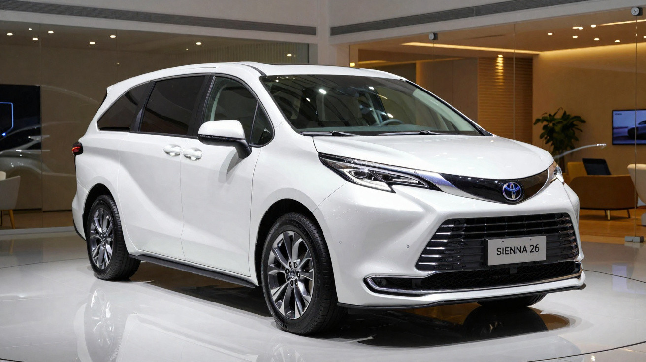 Minivan Toyota Sienna branca exposta em ambiente interno moderno e iluminado.